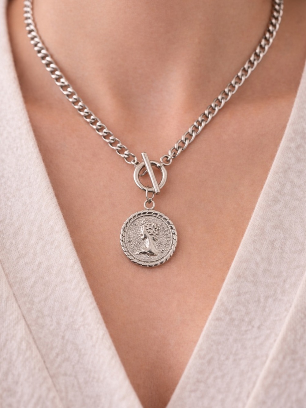 Silver Medallion Toggle Chain Necklace - Women Jewelry - Picture 3 of 5